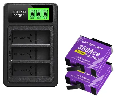 Immagine prodotto di Batteria per fotocamera, capacità 2400 mAh, caricabatterie a 3 slot, 1 caricabatterie per 2 batterie
