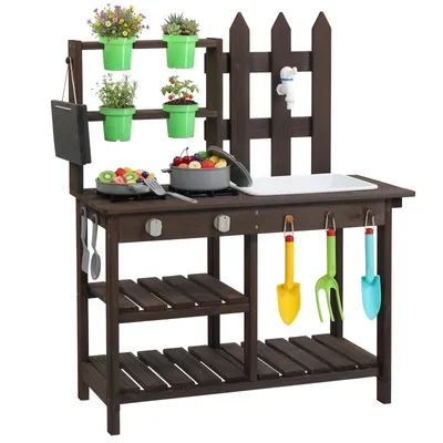 Image de Cuisine en bois FCH avec pots de fleurs et outils, jeu 2-en-1 cuisine et jardinage, cuisine jouet en bois, cuisine de jardin pour enfants