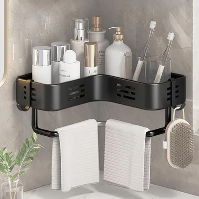 Produktbild von Duschablage Ohne Bohren Ecke Badezimmer Organizer Bad Regal mit 2 Haken Schwarz