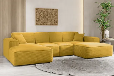A yellow sectional sofa in a living room setting.