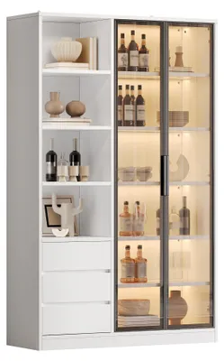 Immagine prodotto di Armadio alto/vetrina/credenza/cantinetta, 3 cassetti, 2 ante in vetro temperato, illuminazione a LED