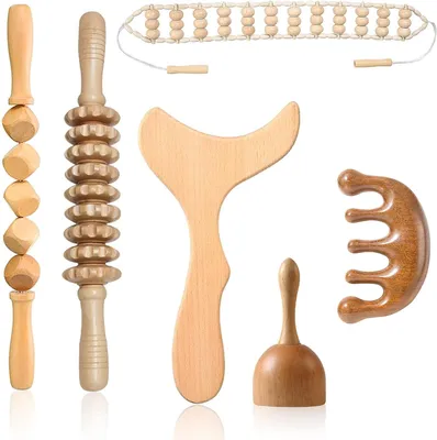 Produktbild von Holzmassage-Set 6 in 1, Holz-Maderoterapia-Set zur Lymphdrainage mit Faszienrolle und Gua Sha