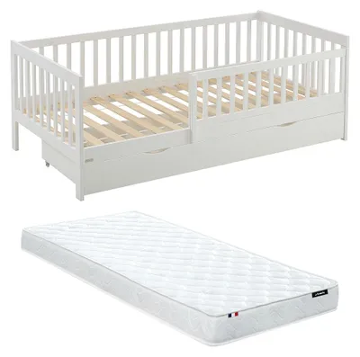 Produktbild von Bett 90 x 190 cm mit Schubladen - Kiefernholz und MDF - Weiß + Matratze - PROVIATI