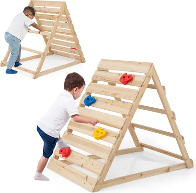 Two images of a wooden climbing triangle with children playing on it.