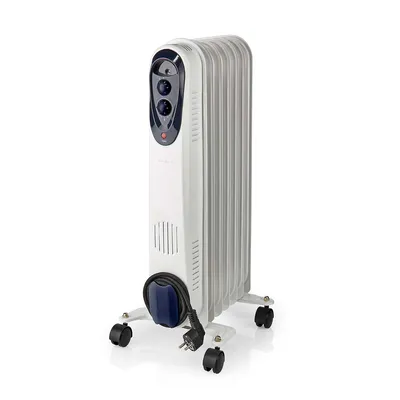 A white oil-filled radiator with gray fins and a dark blue cord wrap, shown on a white background with wheels.