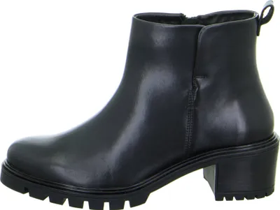 A black leather ankle boot with a chunky heel and sole, shown from the side against a white background.