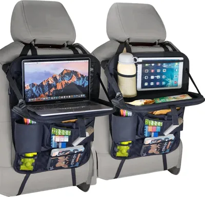 Produktbild von Auto Rücksitz Organizer - Rücksitz Tasche 2er-Set - Klapptisch - Mehrere Taschen - Trittschutzmatte - Schwarz