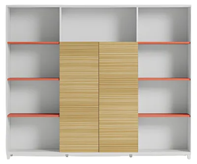 Image de Büroschrank mit Holzregalen und orangefarbenen Akzenten stilvolle Aufbewahrung