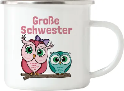 Produktbild von Große Schwester Emaille Tasse Süßes Motiv Eulen Nachwuchs Schwangerschaft Geschenkidee Baby-News