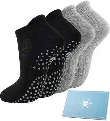 Productafbeelding van Yoga Sokken Antislip - 4 Paar Dames - Grip Sokken - Pilates Sokken - Ademend - Voetboog Ondersteuning - Zwart/Grijs