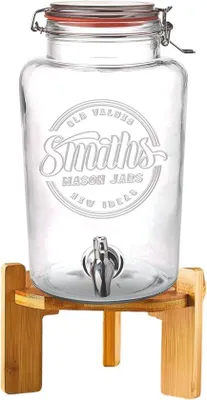 Image de Distributeur de boissons Famanu Glas, capacité de 5 litres, avec robinet et support en bois – idéal pour les limonades et les cocktails