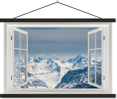 Produktbild von MuchoWow® Textilposter Aussicht - Schnee - Berge 90x60 cm mit schwarzem Rahmen - Aufhängungssatz