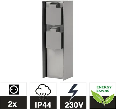 Produktbild von Grafner Edelstahl Design Gartensteckdose mit 2 Steckdosen, IP44, eckig, KEIN ROST – Klarlack-Beschichtung, klein und schmal, Energiesäule Mehrfach Metall Außen Steckdose 2-fach silber poliert