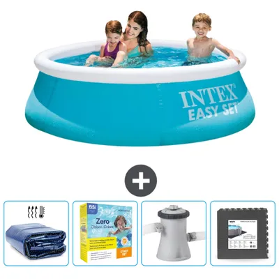 Immagine prodotto di Piscina gonfiabile rotonda Easy Set Intex – 183 x 51 cm – Blu – Incluso nella confezione Tenda parasole - Kit di manutenzione - Pompa filtro per piscina - Piastrelle per pavimento