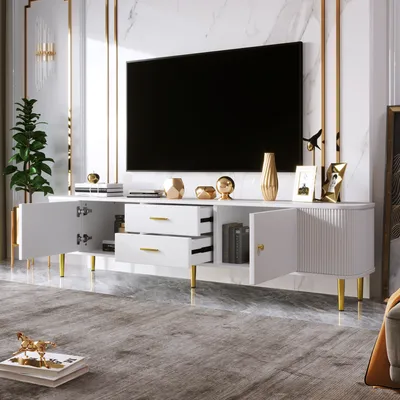 Obrázek produktu pro okwish TV stolek s šuplíky, zaoblenými rohy, obývací televizní stolek s vlnitými boky, zlatými úchyty a nohami