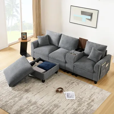 Zdjęcie produktu dla Fortuna Lai Modern L-kształtna sofa narożna, sofa rozkładana z konsolą, 2 uchwytami na kubki, portami USB, kieszeniami w podłokietnikach i poduszkami, tkanina kordurowa, wygodna sofa do salonu, mieszkania, małych pomieszczeń