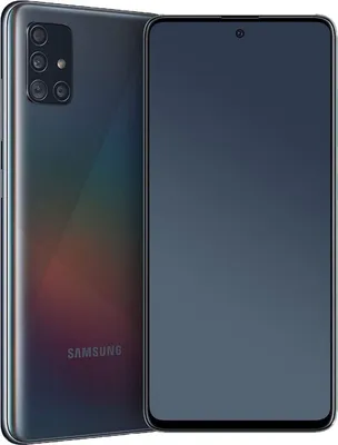 A Samsung Galaxy A51 5G smartphone is shown from the back and front.