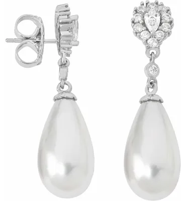 Image de Boucles d'oreilles Majorica pour femme, courtes, 20 x 12 mm, en bois de poirier, perle blanche et zircone