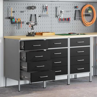 Obrázek produktu pro Pracovní stůl s úložným prostorem, 3 kusy, černý a šedý, rozměry 150 x 55 x 85 cm