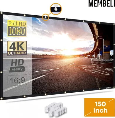 A projection screen with various resolution and aspect ratio labels, along with a close-up of a grommet and a size indicator.