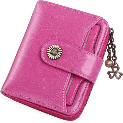 Imagen del producto de Billetera de cuero genuino para mujer, pequeña, con compartimento para monedas, cremallera, portatarjetas y protección RFID