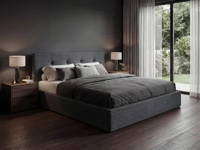 Produktbild von ELVORA DESIGNE Polsterbett MOSI 180x200, Modernes Bettgestell mit Lattenrost & Stauraum, Gasdruckdämpfer, Webstoff, Dunkelgrau