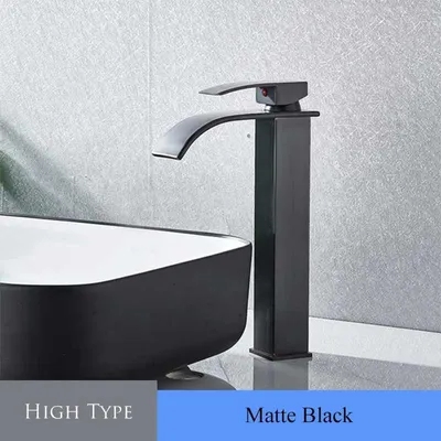 Immagine prodotto di Rubinetto per lavabo di alta qualità - Miscelatore monocomando a cascata per lavabi da appoggio - Montaggio con un foro - Montaggio a incasso - Acqua calda e fredda - Finitura nera opaca