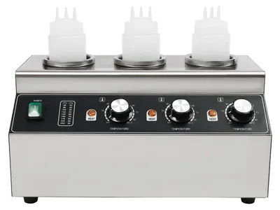 Produktbild von Professioneller Soßenwärmer - Elektrischer Käse- und Saucenspender - 300 W - 3 Flaschen 680 ml - Temperatur einstellbar 30–85 °C - Auftischgerät Edelstahl - Silber
