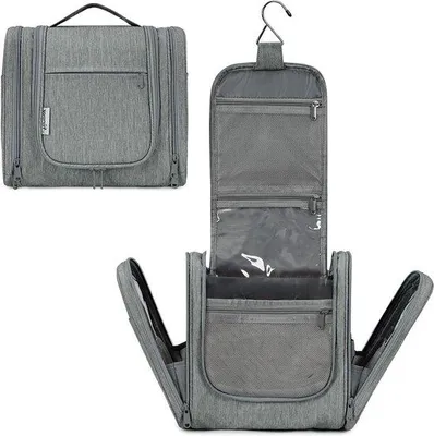 Imagen del producto de Bolsa de aseo plegable grande de Unyqoos® para colgar – Gris, 28x26x13 cm, bolsa de aseo impermeable con gancho de metal para mujeres y hombres
