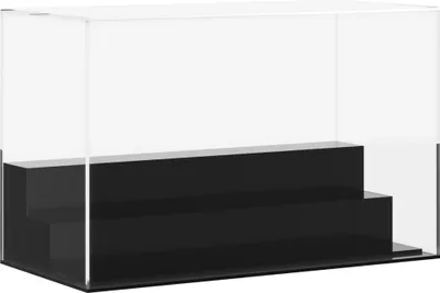 A clear acrylic display case with a black tiered stand inside, shown against a white background.