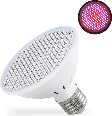 A white LED grow light bulb with a metal screw base, shown against a white background. A small inset image shows the light emitting red and purple hues.