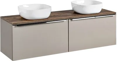 Produktbild von Waschtischunterschrank Set 160cm in taupe mit Vintage Eiche PUEBLA-56-TAUPE 2 Keramikbecken, 2 Softclose-Schubkästen, B/H/T 160,4/62,5/46 cm