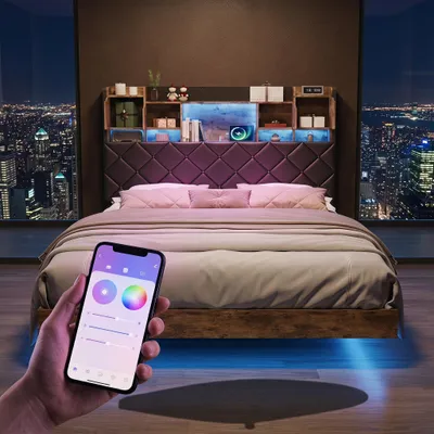 Obrázok produktu pre INONEFT Plávajúca posteľ 140x200 cm s RGB LED osvetlením, čalúnená posteľ s úložným priestorom v čelnej časti a s portami USB-C a zásuvkami, kovový rám postele s roštom, materiál: PU