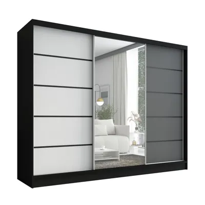 Produktbild von Schwebetürenschrank, 3-türig Schrank 200 cm mit Spiegel ARIVA 2 (Schwarz / Graphit/ Weiß)