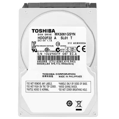 A close-up, front-facing view of a Toshiba hard drive with its label clearly visible.