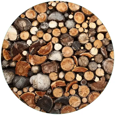 Produktbild von Wallario Premium Glasbild, freischwebende Optik, kräftige Farben, rund 50cm Durchmesser, Motiv Dunkler Holzstapel rund