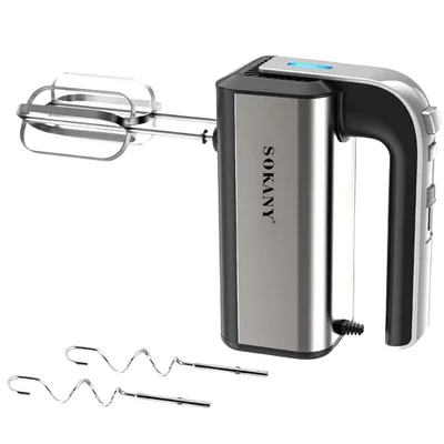 A hand mixer with accessories against a white background.
