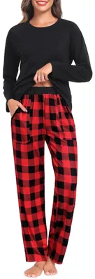 Imagen del producto de Solidchoice - Conjunto de pijama largo para mujer con cuello en V y bolsillos