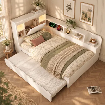Productafbeelding van Dagbed van 90x190 cm met uitschuifbed, lattenbodem, opbergruimte en leeslampen, wit