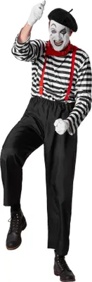 A man dressed as a mime, posing against a white background.