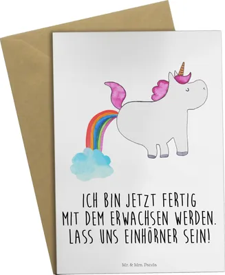Produktbild von Mr. & Mrs. Panda Klappkarte Einhorn Pupsen - Weiß - Geschenk, osterkarte, Unicorn, Grußkarte, Grußkarten, genesungskarte, weihnachtskarten, Freundin, einladungskarten