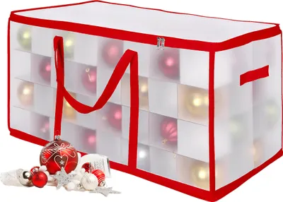 Zdjęcie produktu dla Pudełko do przechowywania bombek świątecznych Relaxdays, 128 sztuk, wys. x szer. x gł.: 37 x 73 x 36 cm, tworzywo sztuczne, tektura, pudełko na bombki, przezroczyste/czerwone