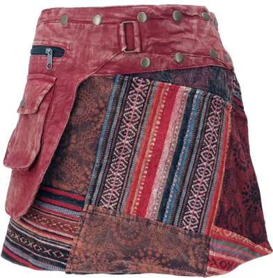 Produktbild von Wickelrock, Kurzer Rock, Cacheur, Stonewash Patchworkrock - Weinrot, Damen, Baumwolle, Größe: L/XL