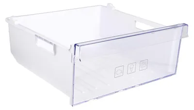 A transparent plastic drawer from a refrigerator or freezer.