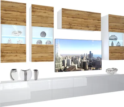Produktbild von BELINI Wohnwand Vollausstattung Wohnzimmer-Set Moderne Schrankwand mit LED-Beleuchtung Weiß Glänzend Anbauwand TV-Schrank Eiche Wotan / Weiß Glänzend/Matt