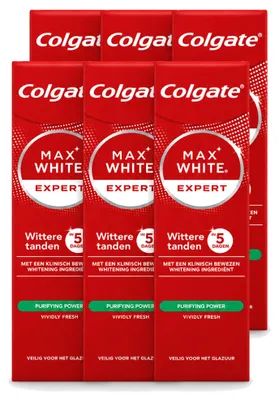 Imagen del producto de 6 tubos de pasta dental Colgate Max White Expert Purifying Power, blanqueadora, de 75 ml. Paquete económico con 6 unidades