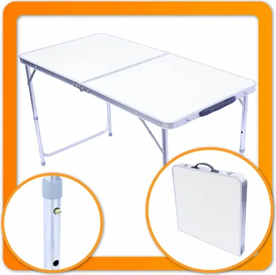 A white folding table is shown in an open position, with close-up views of its leg and folded state.