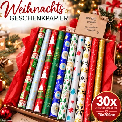 Produktbild von 30 Rollen Geschenkpapier Weihnachten Verpackung Weihnachtsgeschenkpapier Geschenkverpackung Geburtstag Feier Papier Mix 200x70cm