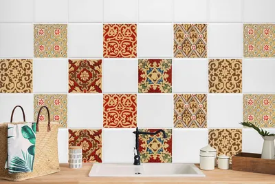 Produktbild von 24 Stück Laminierter Klebefolienset Wandfliesen für Küche Bad Selbstklebende Retro-Muster 10 x 10 cm