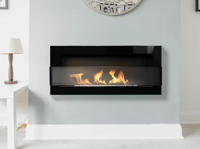 Obrázok produktu pre Nástenný biokrb 90 cm čierny lesklý so sklom | Horák 0,75 l | Súvislá línia ohňa | 2 kW